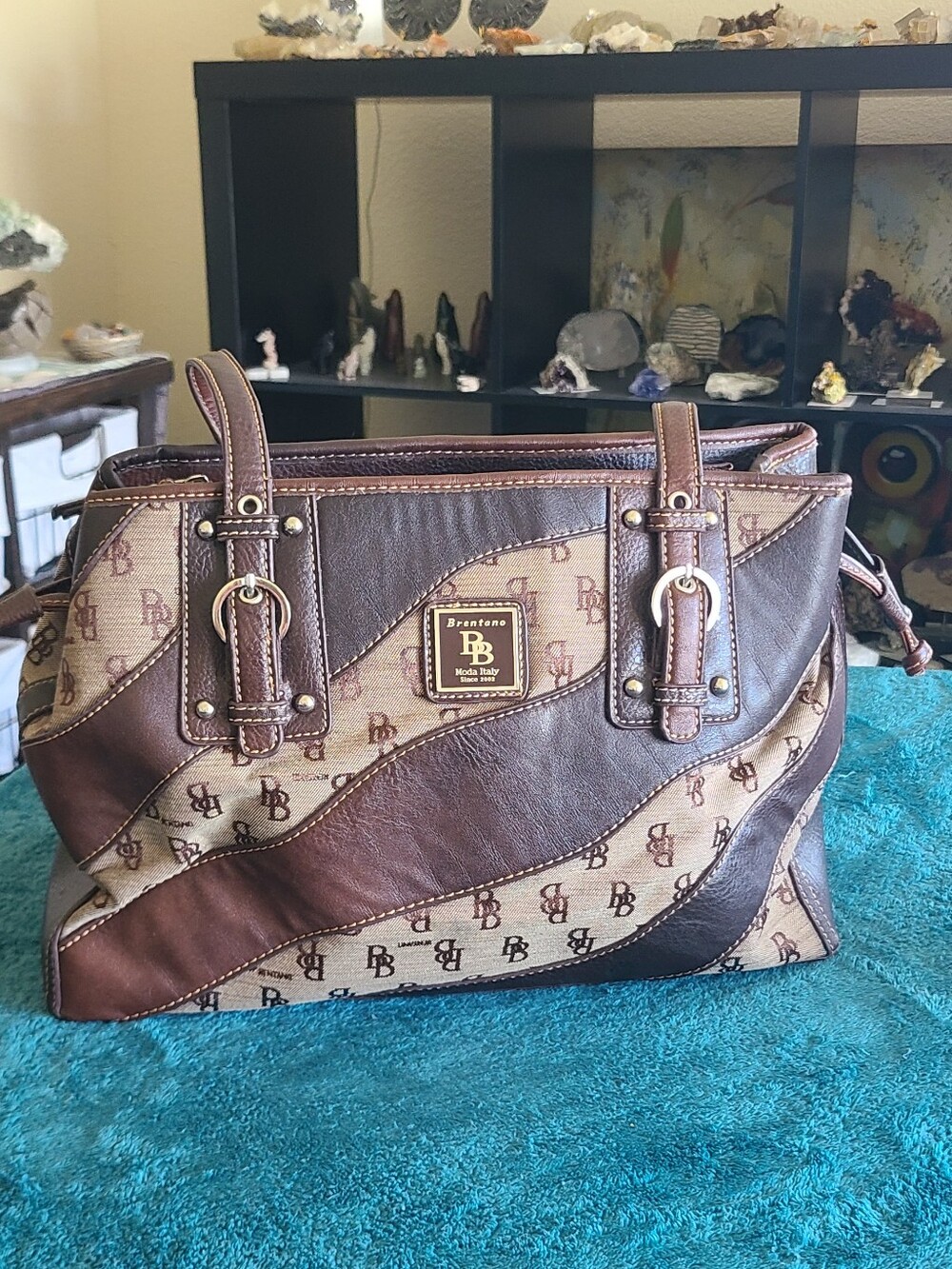 brown monogram shoulder bag by Brentano Moda Italy featuring a woven 'BB' logo